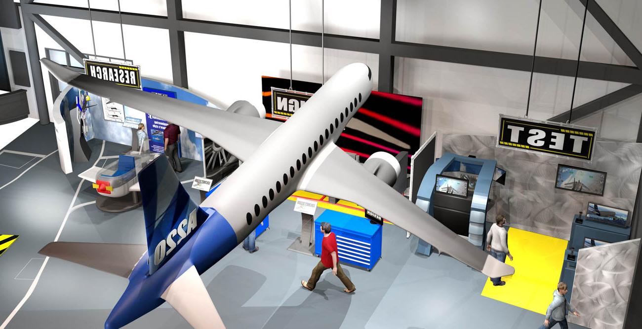 上图是将于明年建成的Flight Works Alabama航空体验中心的渲染图. 十大彩票网投平台正在与空中客车公司合作，在几个领域提供支持.